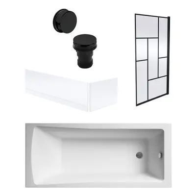 Square Single Ended Bath, Panels, Black Abstract Screen, Black Waste-1700x700mm