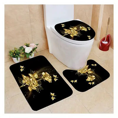 (C) 1/3/4PCS Gold Rose Butterfly Waterproof Shower Curtain Non-toxic Dustproof Toilet Seat Cushi