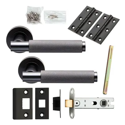 Door Handle & Latch Pack Matt Black Knurled Round Lever Screwless Round Rose