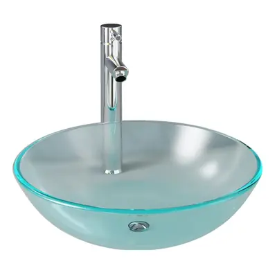 vidaXL Bathroom Sink with Tap and Push Drain Frosted Tempered Glass Wash Basin