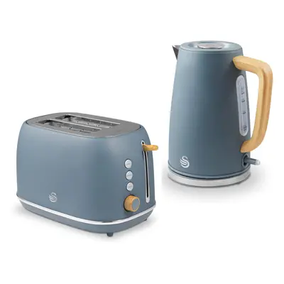 Swan Fjord 1.7L Jug Kettle & Slice Toaster Set Grey/Wooden Accents