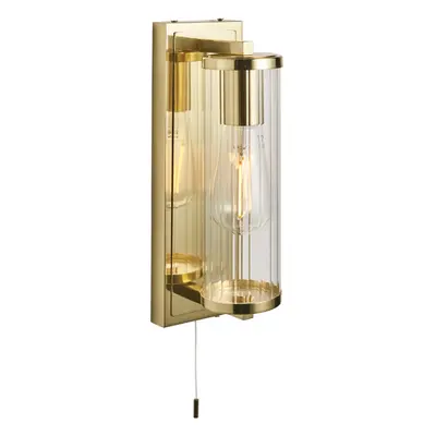 Satin Brass Bathroom Wall Light & Ribbed Cylinder Glass Shade IP44 Rated Fitting