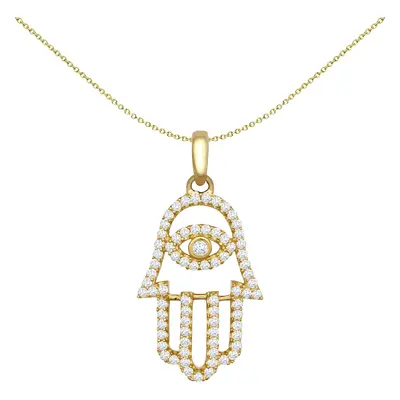 Jewelco London Unisex Solid 9ct Yellow Gold White Round Brilliant Cubic Zirconia Hamsa Hand Char