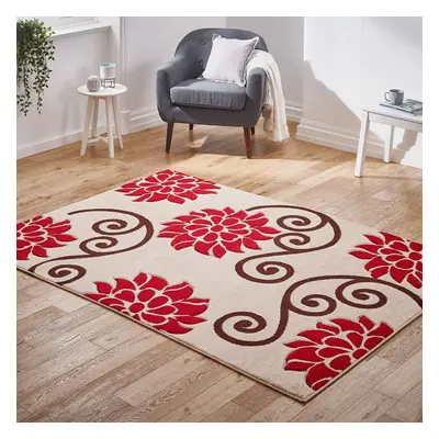 (Beige / Red, x cm) Floral Rugs Multi Coloured Flower Carpet