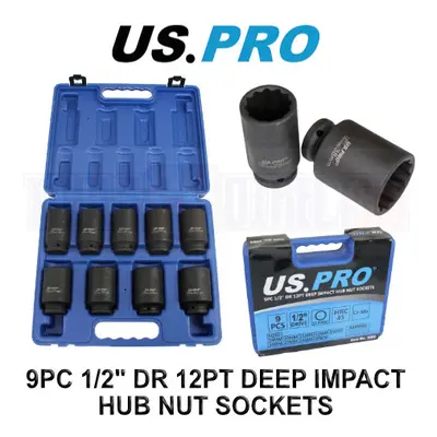 US PRO Tools 9pc 1/2" Dr 12pt Deep Impact Hub Nut Sockets 29mm to 38mm