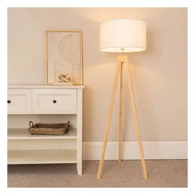 ValueLights Jackson Natural Wood Tripod Floor Lamp with White Shade