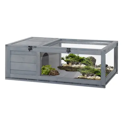 PawHut Tortoise House w/ Mesh Roof, Small Pet Reptile Wooden House - Grey