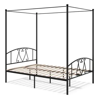 Double Size - Poster Metal Canopy Bed Frame with Modern Wooden Slats