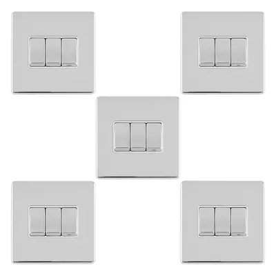 5 PACK Gang Triple Light Switch SCREWLESS POLISHED CHROME Way 10A Rocker