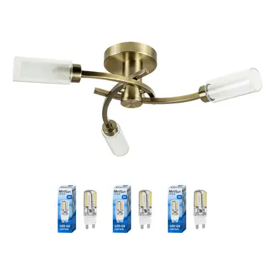 3 Way Spiral Flush Antique Brass Effect Ceiling Light Fitting with Clear and Frosted Glass Shade