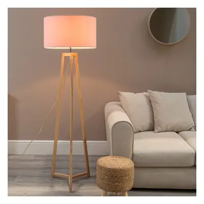 ValueLights Lottie Blush Drum Shade Natural Wood Tripod Floor Lamp