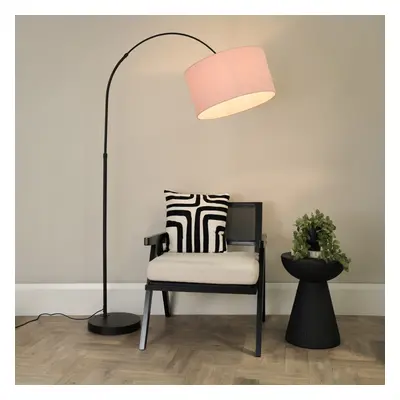 ValueLights Louis Black Arched Floor Lamp with Blush Pink Shade & Bulb