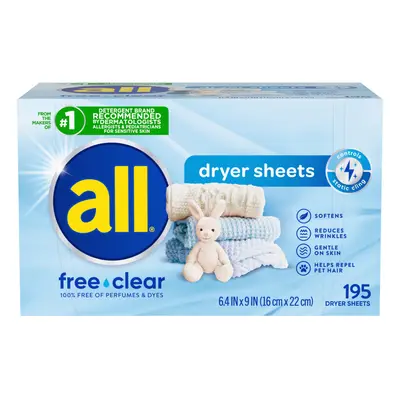 all Fabric Softener Dryer Sheets for Sensitive Skin, Free Clear, Count