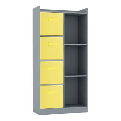 (Grey, Yellow) Bookcase with Fabric Drawers | Cube Wooden Unit