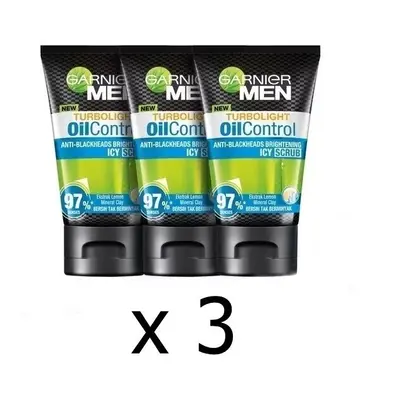 3 x 100ml Garnier Men Turbo Light Icy Scrub Oil Control Face Foam