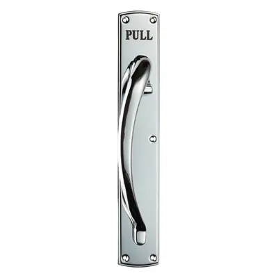 Curved Left Handed Door Pull Handle Engraved with 'Pull' Polished Chrome