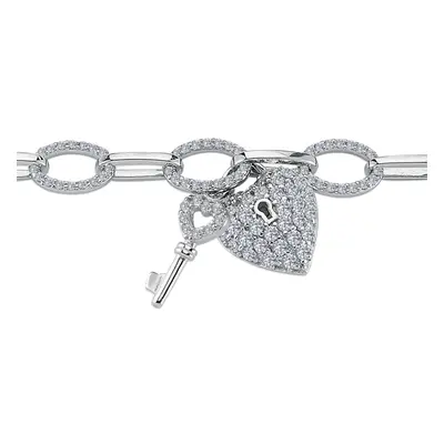 Jewelco London Ladies Rhodium Plated Sterling Silver CZ Key & Love Heart Padlock Oval Belcher Ch