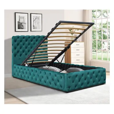 (No Mattress, 3ft Single) Tufted Fabric Gas Lift Ottoman Bed Frame In Green 3ft, 4ft6 Or 5ft