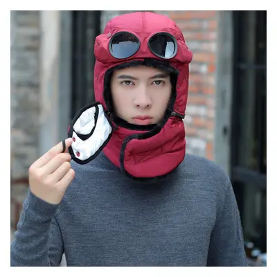 (Wine Red) Winter Bomber Hats With Face Mask Plush Earflap with Goggles Warmer Windproof Thicken