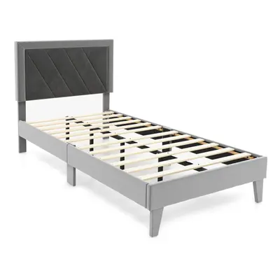 (Single, Grey) Bed Frame Upholstered Platform w/Headboard Wooden Slats