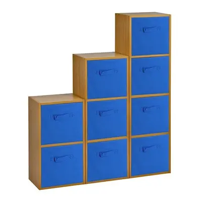 (Beech, Dark Blue) Cubed Wooden Storage Units Shelves + Drawers