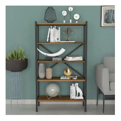 (Walnut) 5-Shelf Wood Bookcase Unit With Metal Frame