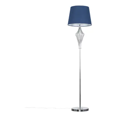 Modern Polished Chrome Metal Wire Geometric Diamond Design Floor Lamp with a Navy Blue Tapered S