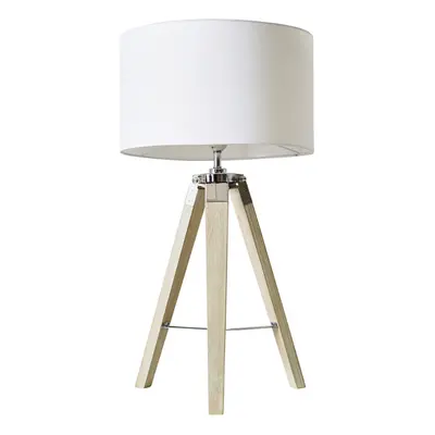 Modern Light Wood & Chrome Tripod Table Lamp with a White Drum Shade - Complete with 6w LED ES E