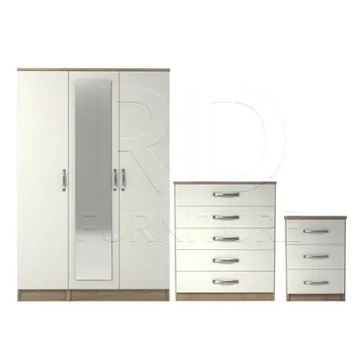 Ready assembled Pcs Classic Door Mirrored Wardrobe, Chest And Bedside Set Oak And White