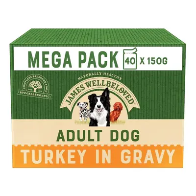 40 x 150g James Wellbeloved Adult Natural Dog Food Pouches Turkey &Rice in Gravy