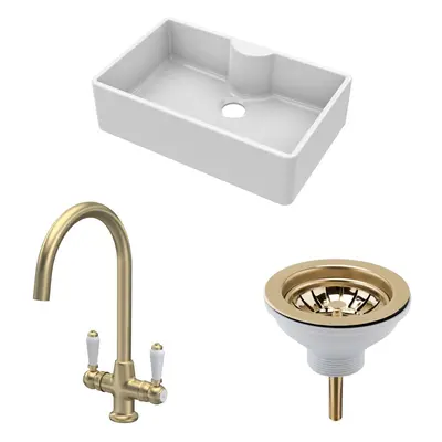 Fireclay Kitchen Bundle - Single Bowl Butler Sink with Tap Ledge, Waste & Mono Lever Tap, 795mm 