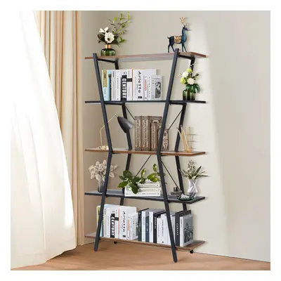 Industrial 5-Tier Open Bookshelf in Brown and Black