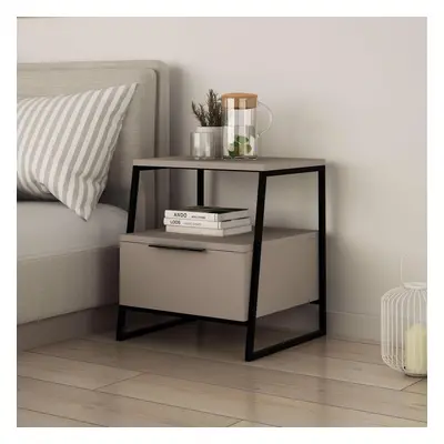 FWStyle Mocha Grey Drawer Modern Bedside Table Nightstand Black Metal Frame