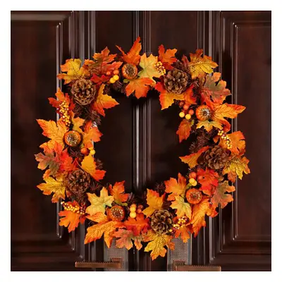 60CM Halloween Fall Pumpkin Wreath Autumn Maple Leaf Garland With LED Light