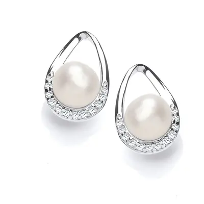 Jewelco London Ladies Sterling Silver Cubic Zirconia & Freshwater Cultured Pearl Full Moon Pear 