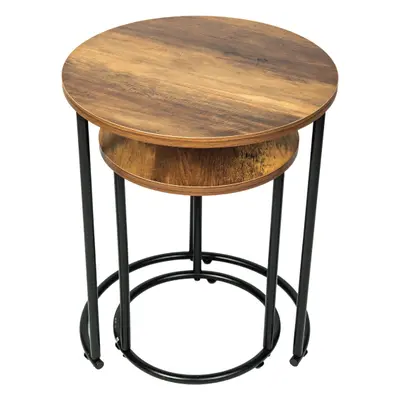 Warm Oak Round Nest of Tables Living Room Furniture Space Saving