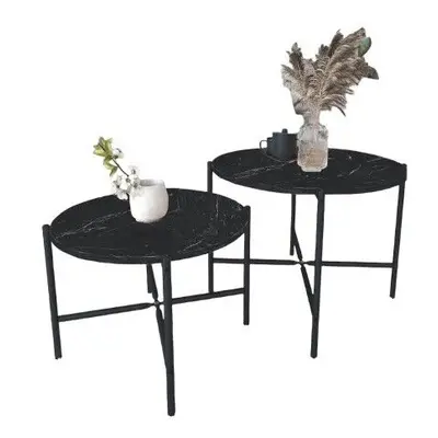 (Black Marble) 2-Pcs Round Wooden Nesting End Coffee & Side Table