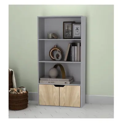 (Grey, Oak) Tier Wooden Bookcase with Doors Shelving Cabinet