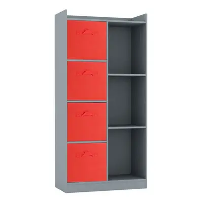 (Grey, Red) Bookcase with Fabric Drawers | Cube Wooden Unit