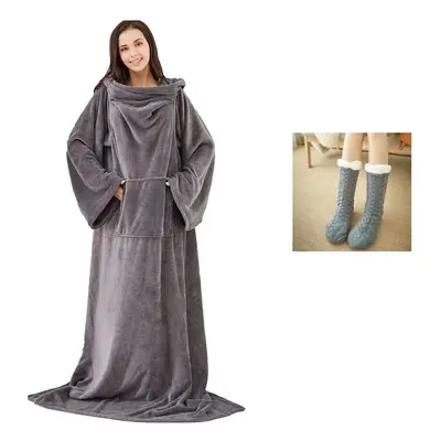 (Grey Robe & Socks) Soft Warm Long Coral Fleece Blanket Robe with Sleeves