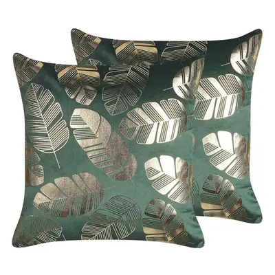 Set of Velvet Cushions Leaf Print x cm Green SUNFLOWER