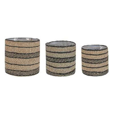 Set of Plant Pots RASBORA Wicker Light Wood-Black