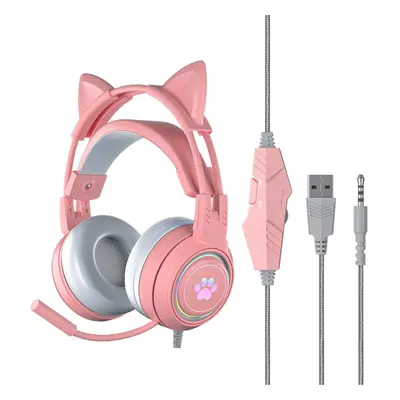 (Pink) Cute cat ears wired over-ear headphones, detachable cat ears, neon effect, 50mm speaker, 