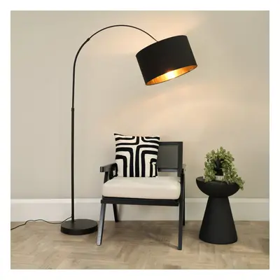 ValueLights Louis Black & Gold Shade Black Arched Floor Lamp & Bulb