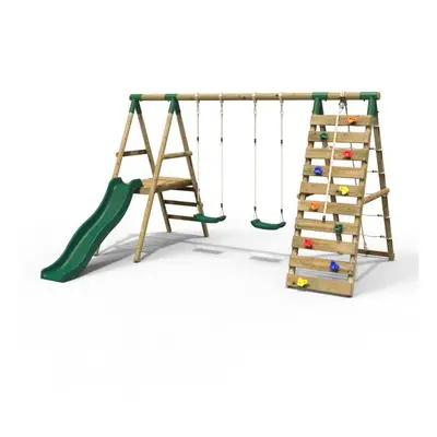 (Jade, Green) Rebo Wooden Swing Set with Deck and Slide plus Up and Over Climbing Wall