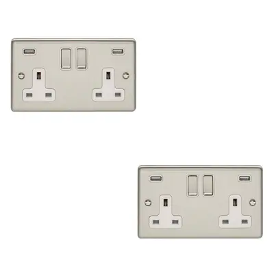 2 PACK Gang Single UK Plug Socket & 2.1A USB SATIN STEEL & White 13A Switched