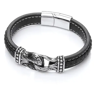 Jewelco London Mens Rhodium Plated Stainless Steel Black Leather Carved Loops Cuff Bracelet 13mm