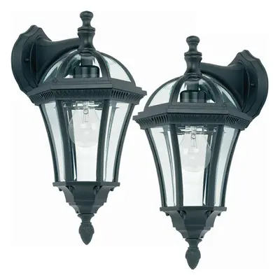 2 PACK IP44 Outdoor Wall Light Matt Black & Glass Lantern Down Porch Path Lamp