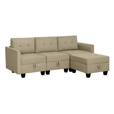 HOMCOM Convertible Modular Sectional Sofa w/ Storage Wood Frame Light Brown