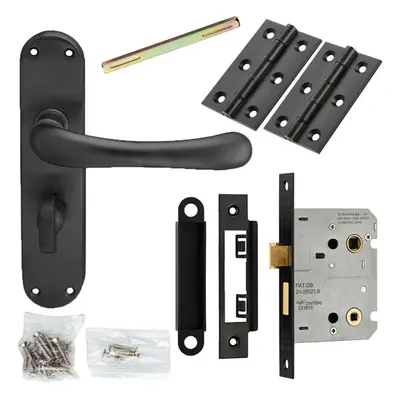 Door Handle & Bathroom Lock Pack Matt Black Smooth Round Lever Turn Backplate